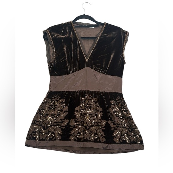 MARELLA Tops - MARELLA brown velvet embellish  Regencycore burnout  baby doll top size 8 Fariy